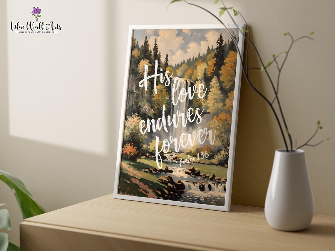 His Love Endures Forever Psalm 136 Waterfall Landscape Scripture Poster - Image 3