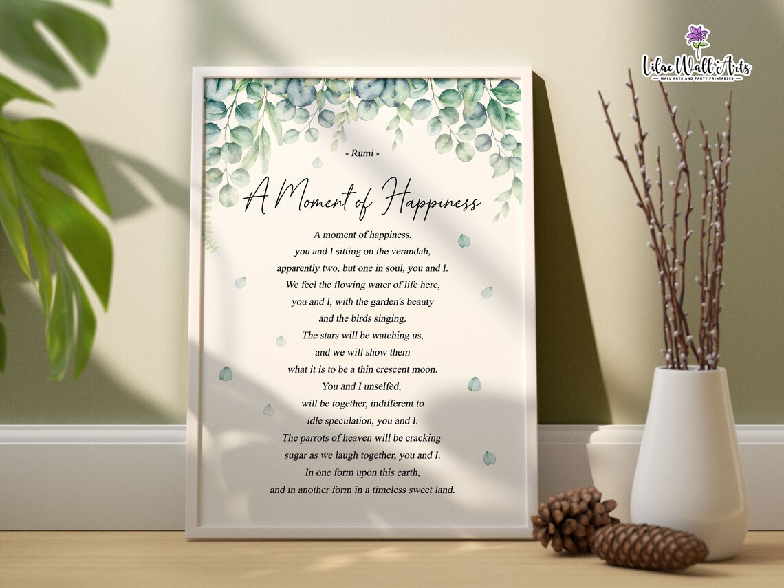 Rumi A Moment Of Happiness Poem Eucalyptus Watercolor Literary Poster