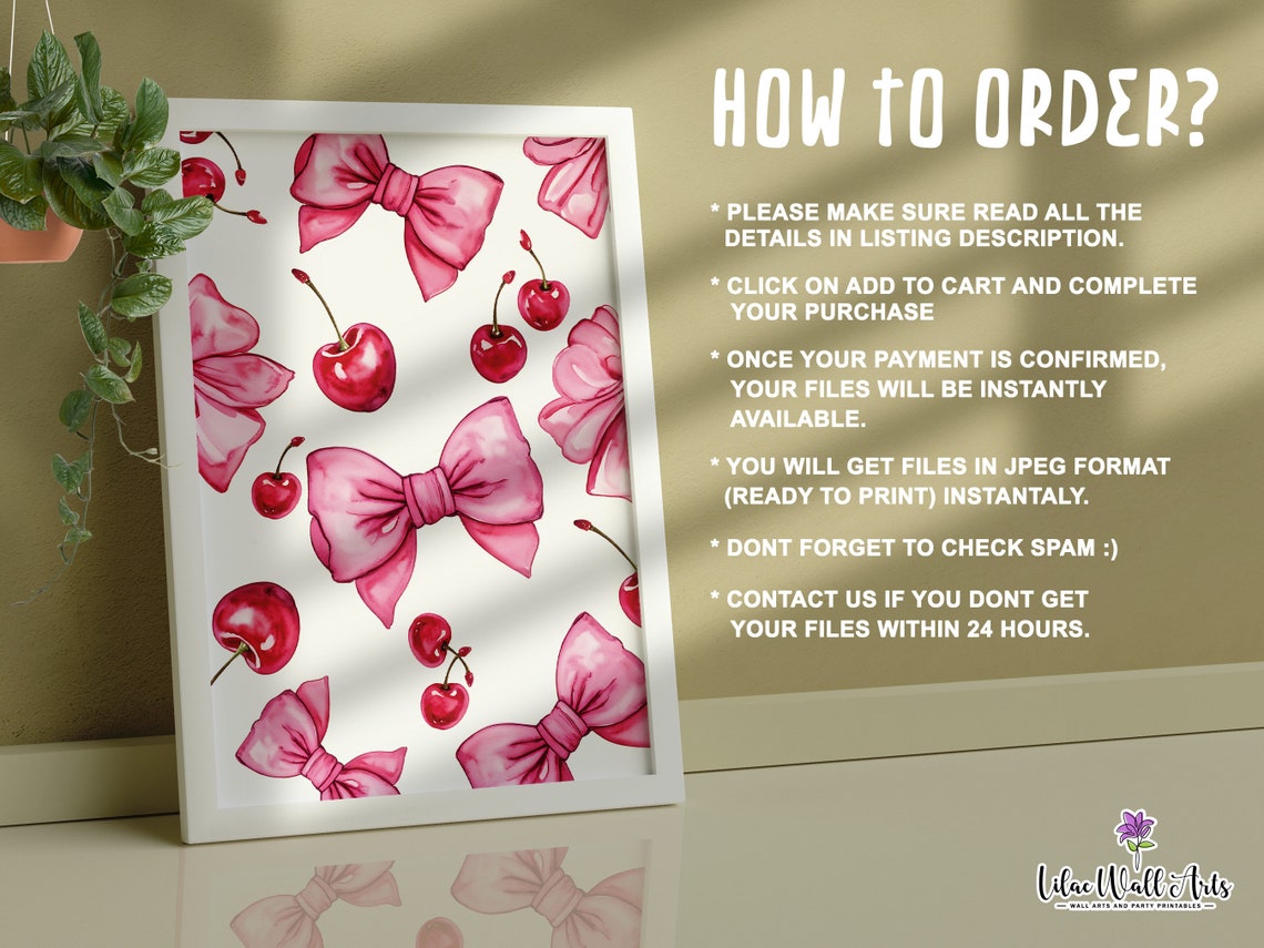 Pink Bow Cherry Pattern Watercolor Coquette Room Decor Poster - Image 4