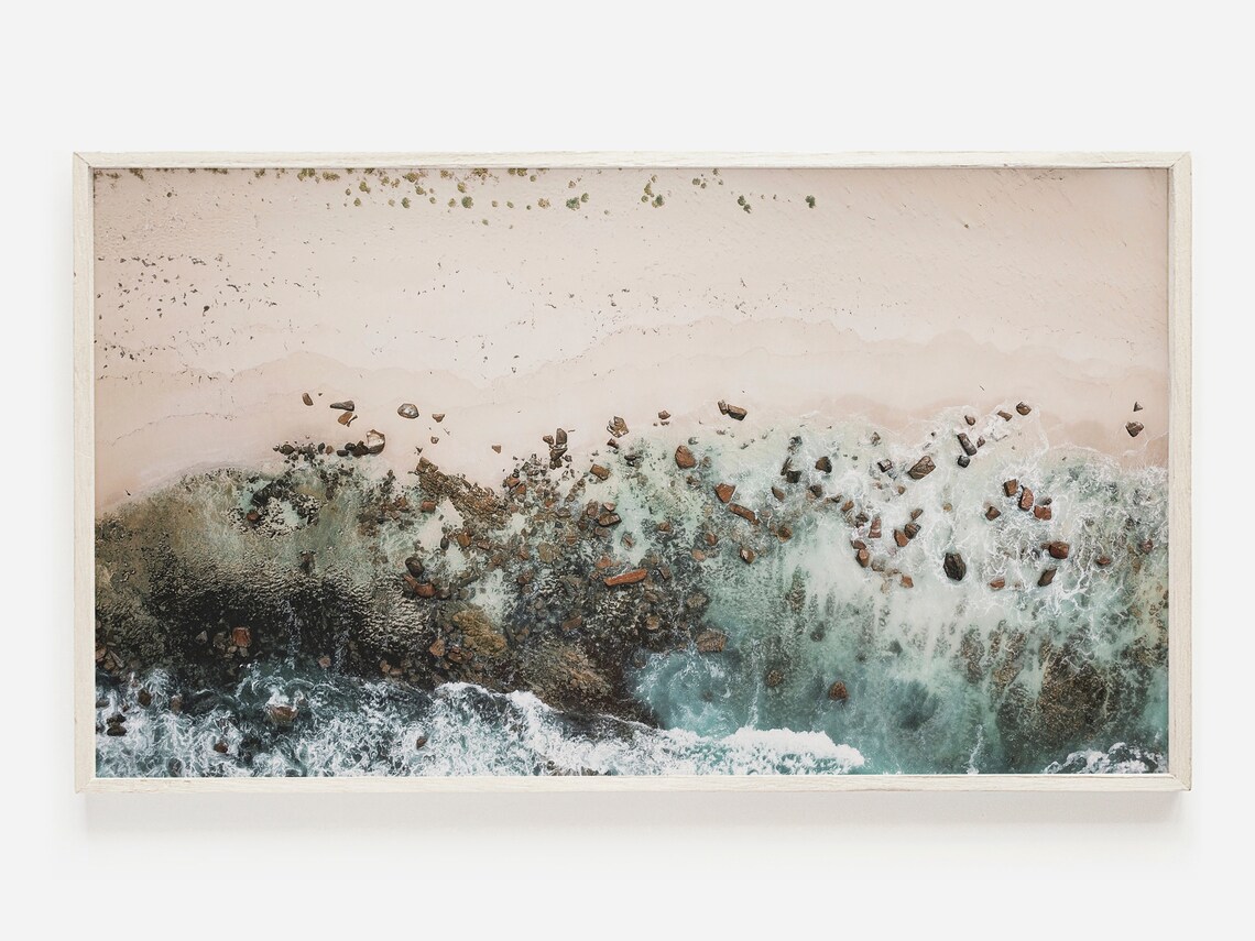 Aerial View Of Rocky Shoreline Turquoise Sea Drone Photo Art Poster
