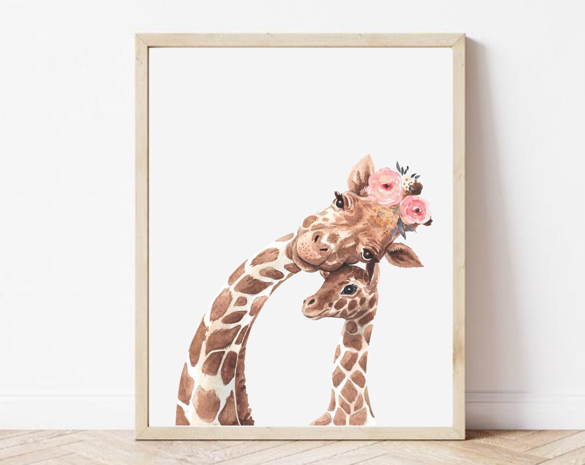 Girl Giraffe Nursery Art Print, Flower Crown