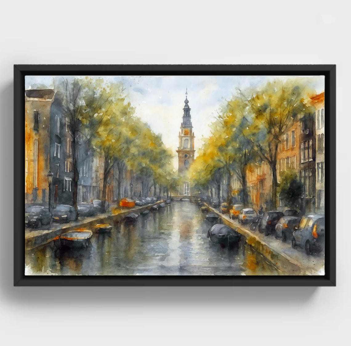 Amsterdam Canal Watercolor Historic Tower Golden Trees City Poster