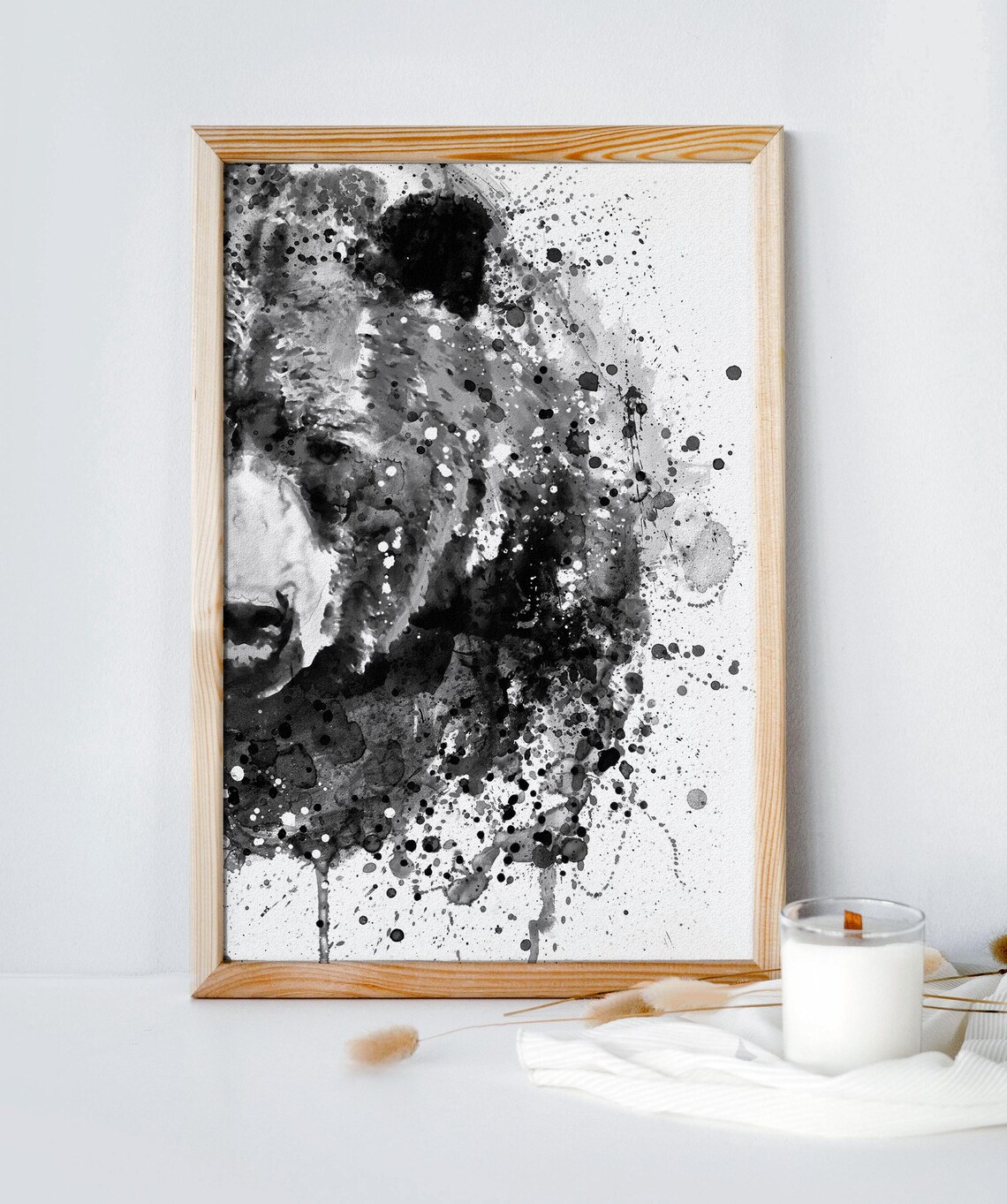 Grizzly Bear Black and White Ink Splash Wildlife Portrait Poster