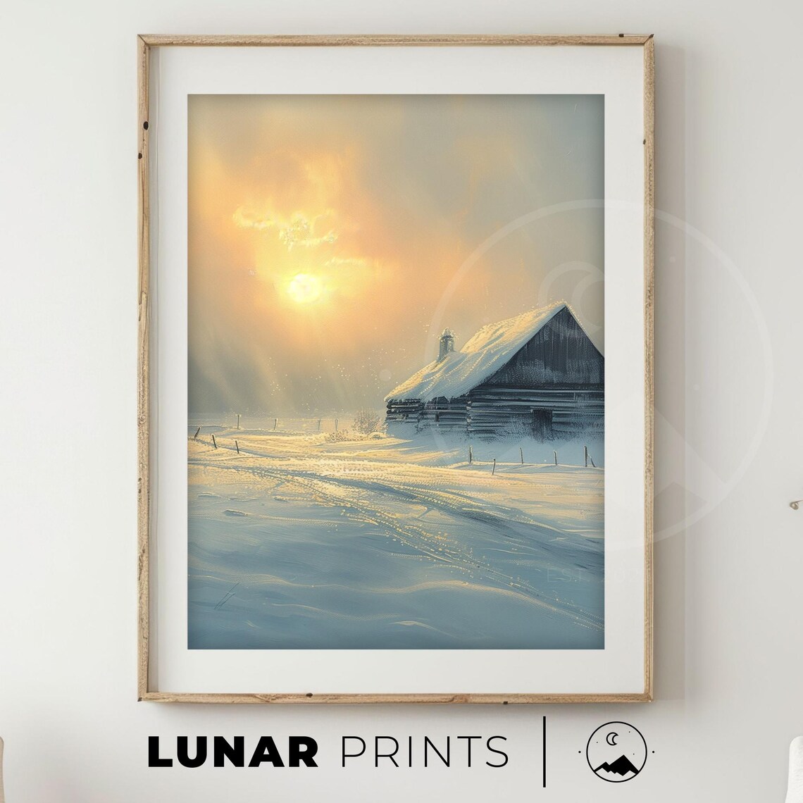 Winter Sunrise Over Snowy Village, Landscape Art Print