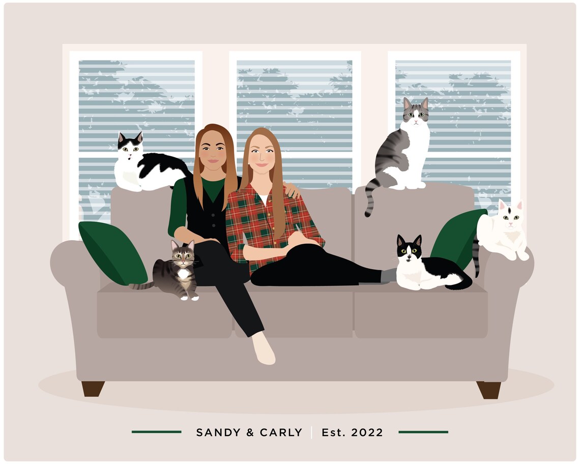 Custom Illustrated Family Portrait With Two Dogs Gift Poster - Image 2