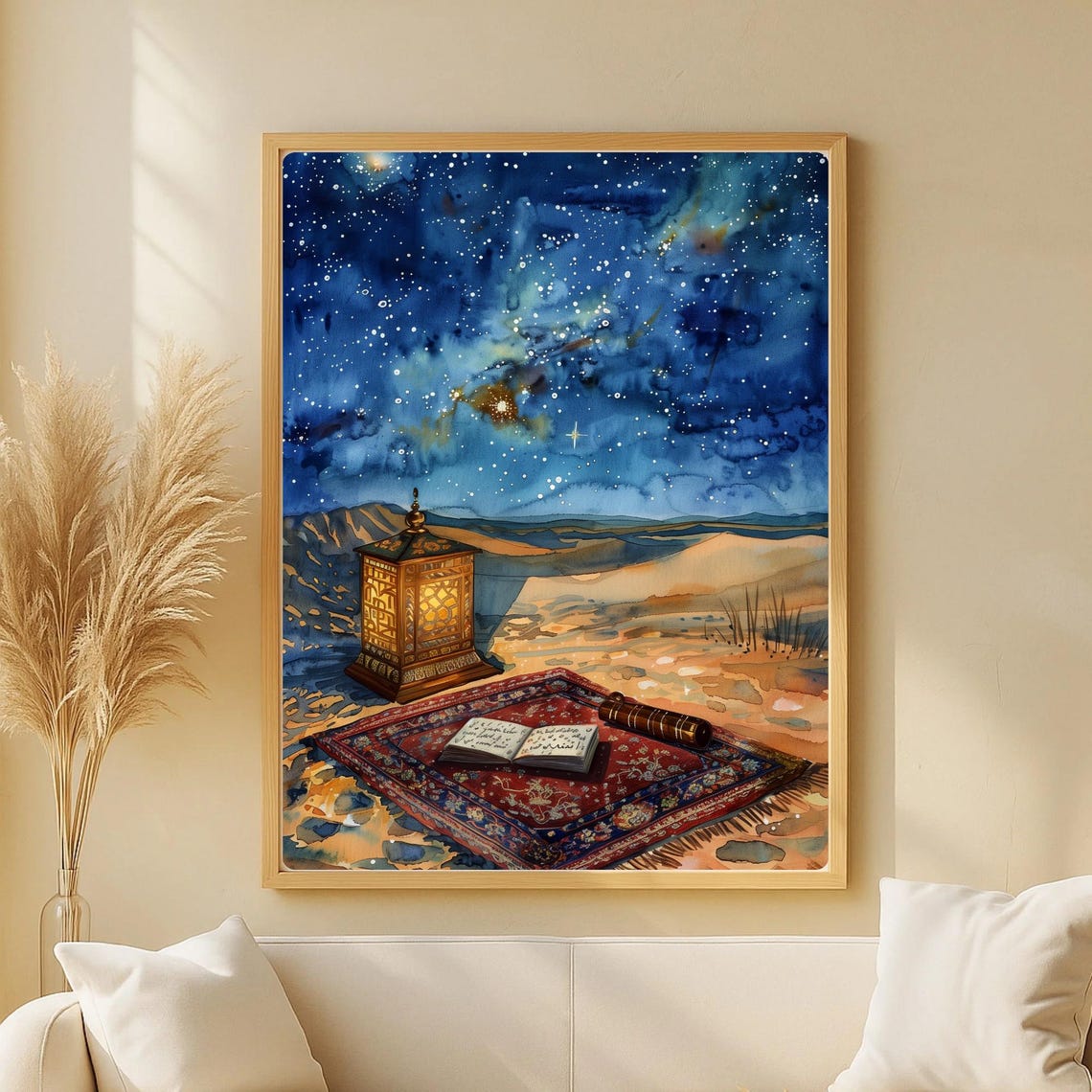 Starry Desert Night Watercolor Moroccan Lantern Red Rug Islamic Oriental Art