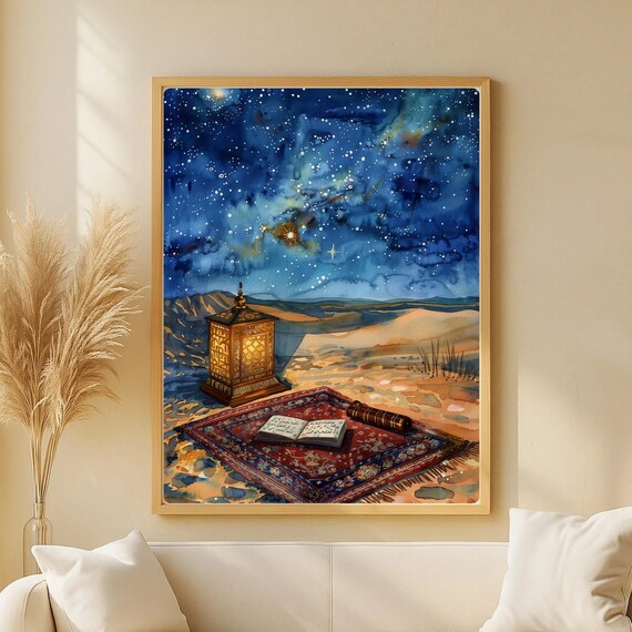 Starry Desert Night Watercolor Moroccan Lantern Red Rug Islamic Oriental Art