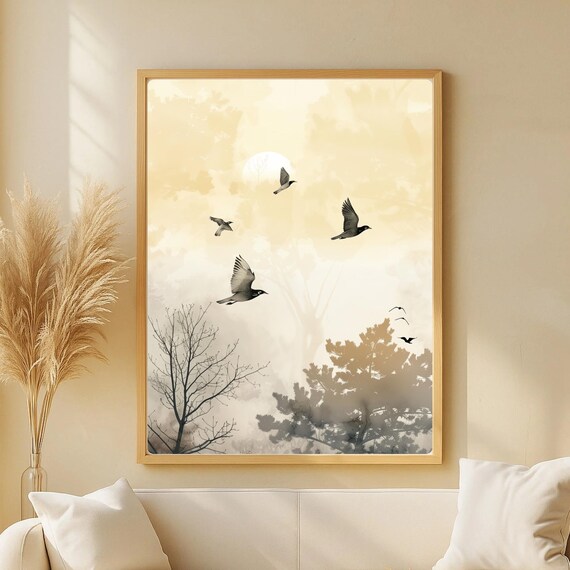 Minimalist Flying Birds Print Zen Landscape Wall Art Japandi Nature Poster