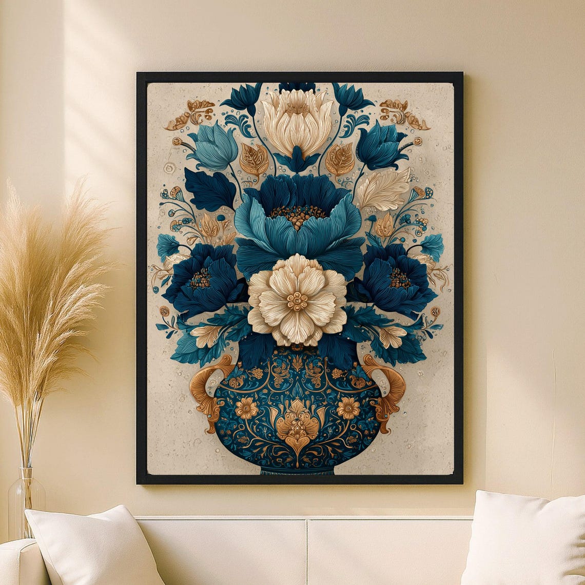 Blue Gold Floral Vase Oriental Decorative Elegant Botanical Wall Art