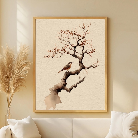 Japandi Bird On Branch, Minimal Zen Watercolor Art Print