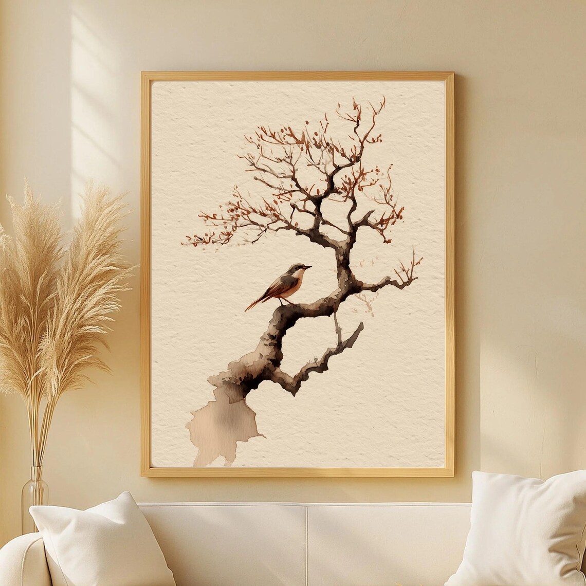 Japandi Bird On Branch, Minimal Zen Watercolor Art Print