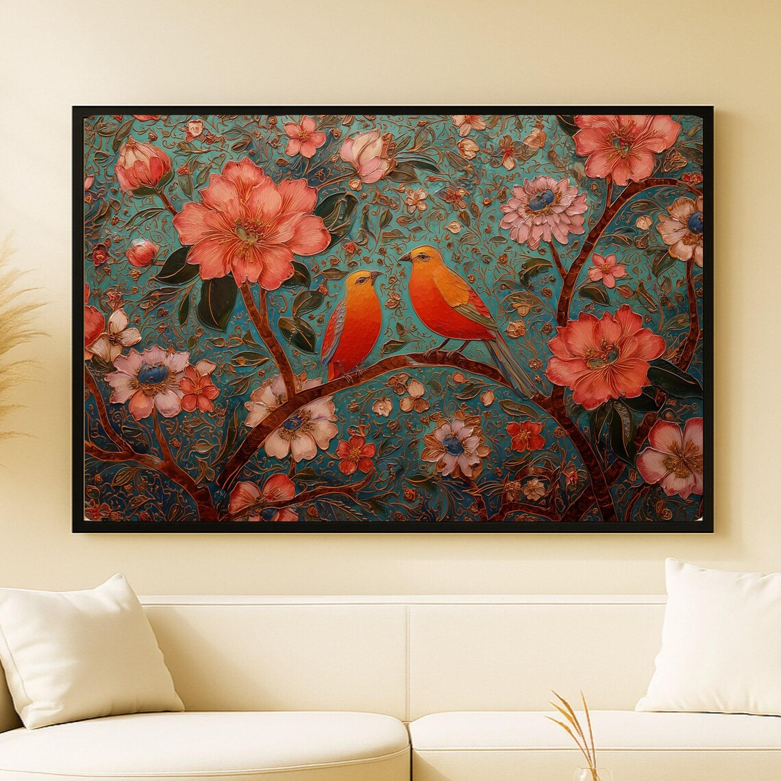 Orange Birds Coral Blossoms Oriental Floral Teal Chinoiserie Wall Art