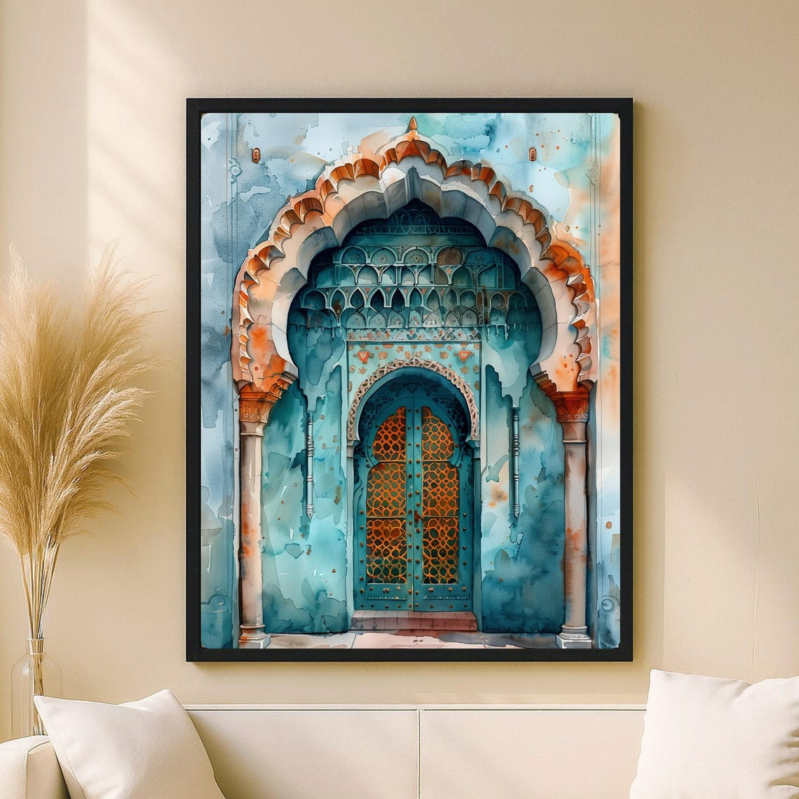 Turquoise Moroccan Arch Door Watercolor Islamic Andalusian Wall Art