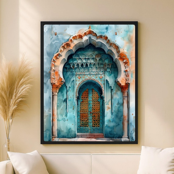 Turquoise Moroccan Arch Door Watercolor Islamic Andalusian Wall Art