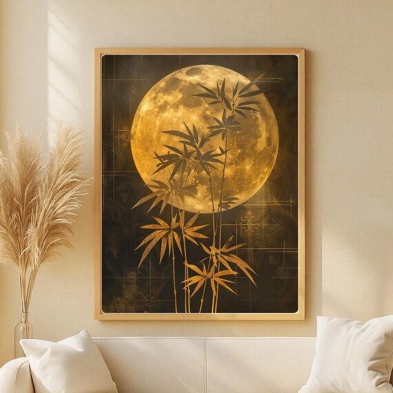 Golden Moon Bamboo Zen Blackandgold Japandi Wall Art Minimal Asian Decor