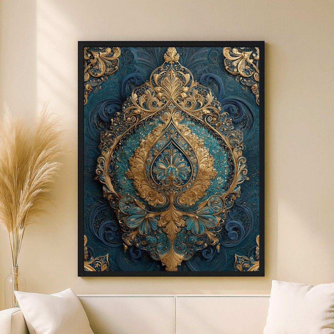 Golden Tezhip Floral Medallion on Deep Teal Islamic Style Poster