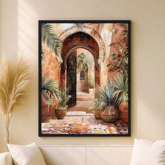 Moroccan Riad Courtyard Watercolor, Art Print