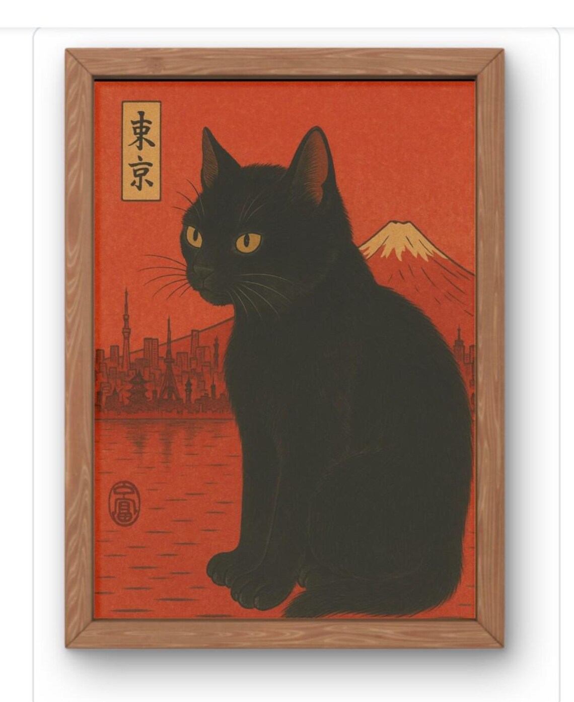 Tokyo Black Cat Mount Fuji Japanese Red Skyline Vintage Poster