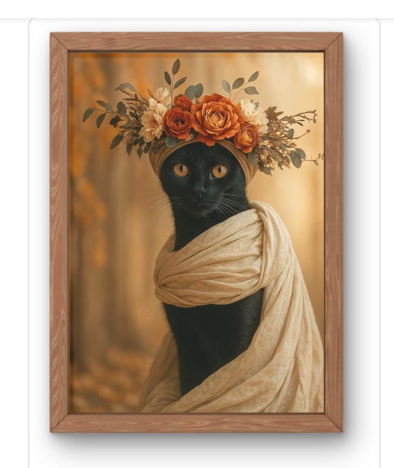 Black Cat With Autumn Flower Crown Regal Golden Portrait Wall Art