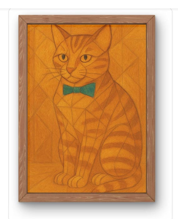 Geometric Orange Cat Art Print Abstract Modern Feline Illustration Stylish With Bow Tie Wall Decor Available A5 A1