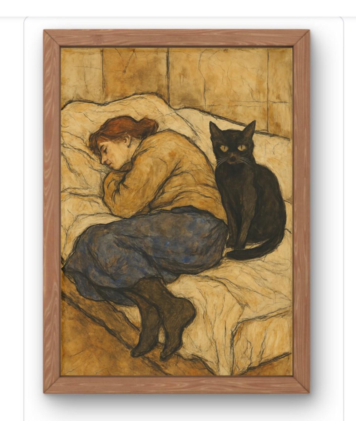 Egon Schiele Style Cat And Woman Poster Moody Vintage Portrait Feline Art