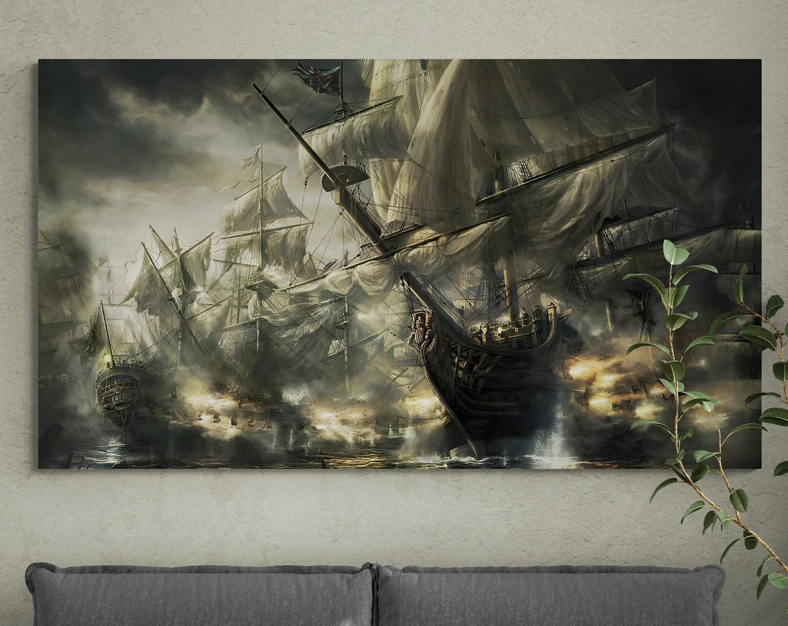 Tall Ships Naval Battle Cannon Fire Dramatic Sea Battle Art Poster - Image 3