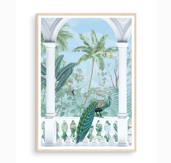 Peacock Mughal Indian Art Indian Folk Art Vintage Indian Art Indian Peacock Prints Indian Wall Art Indian Vintage Palace Palm Tree Art