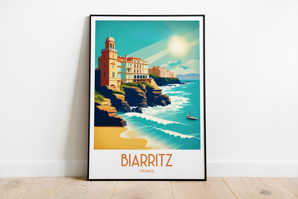Biarritz France Grand Palace Hotel Cliffs Waves Vintage Travel Poster