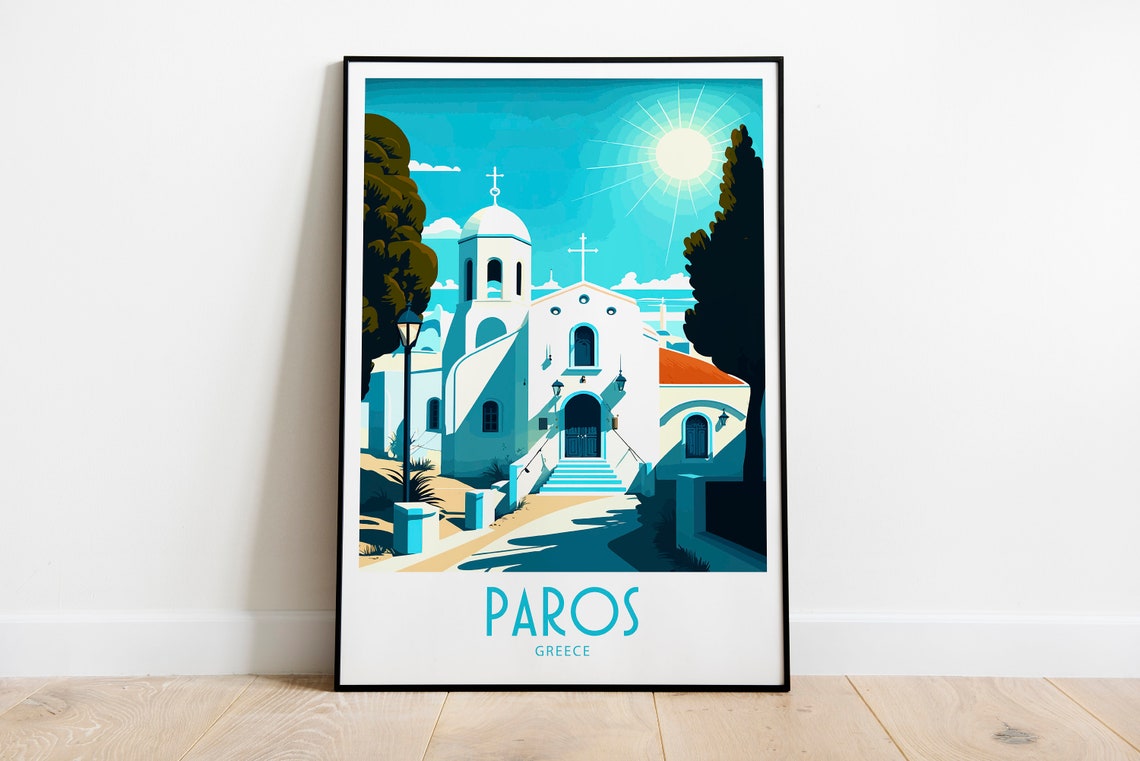 Vintage Paros Greece Travel Poster Whitewashed Church Sunshine Art