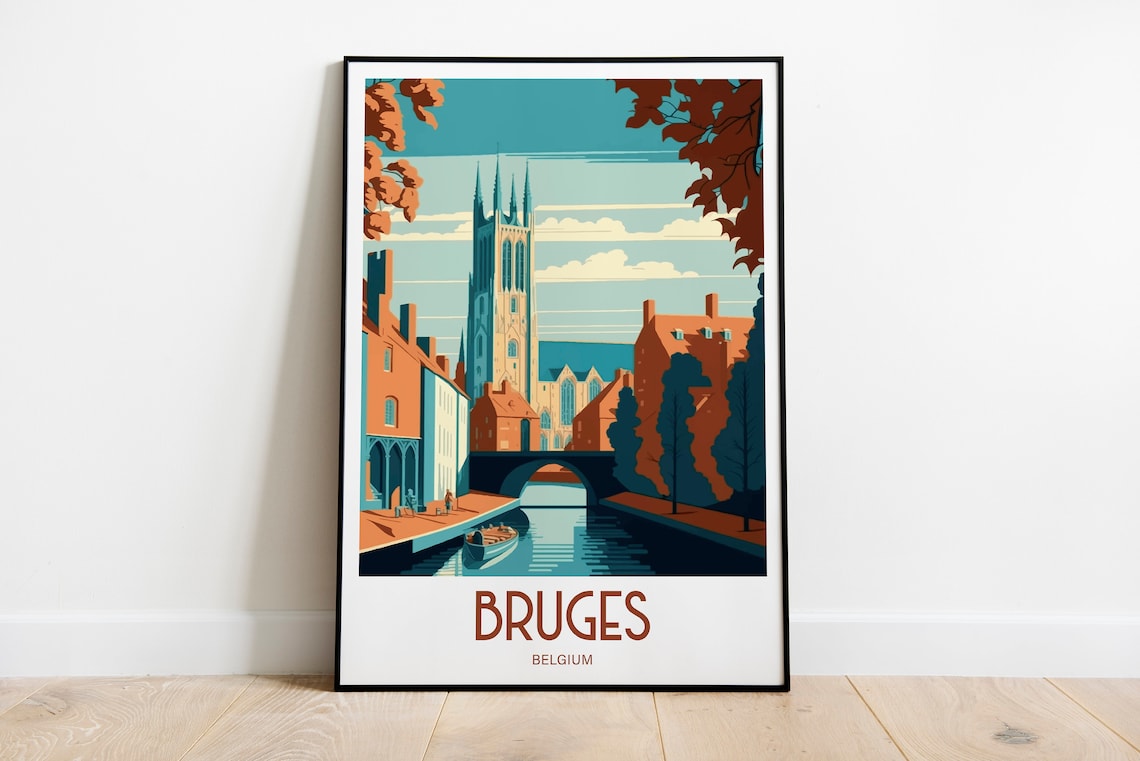 Bruges Belgium Canal Church Tower Bridge Vintage Travel Art Poster