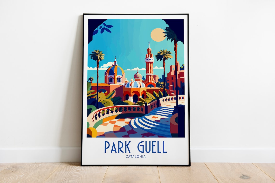 Park Guell Catalonia Mosaic Terraces Retro Travel Art Poster