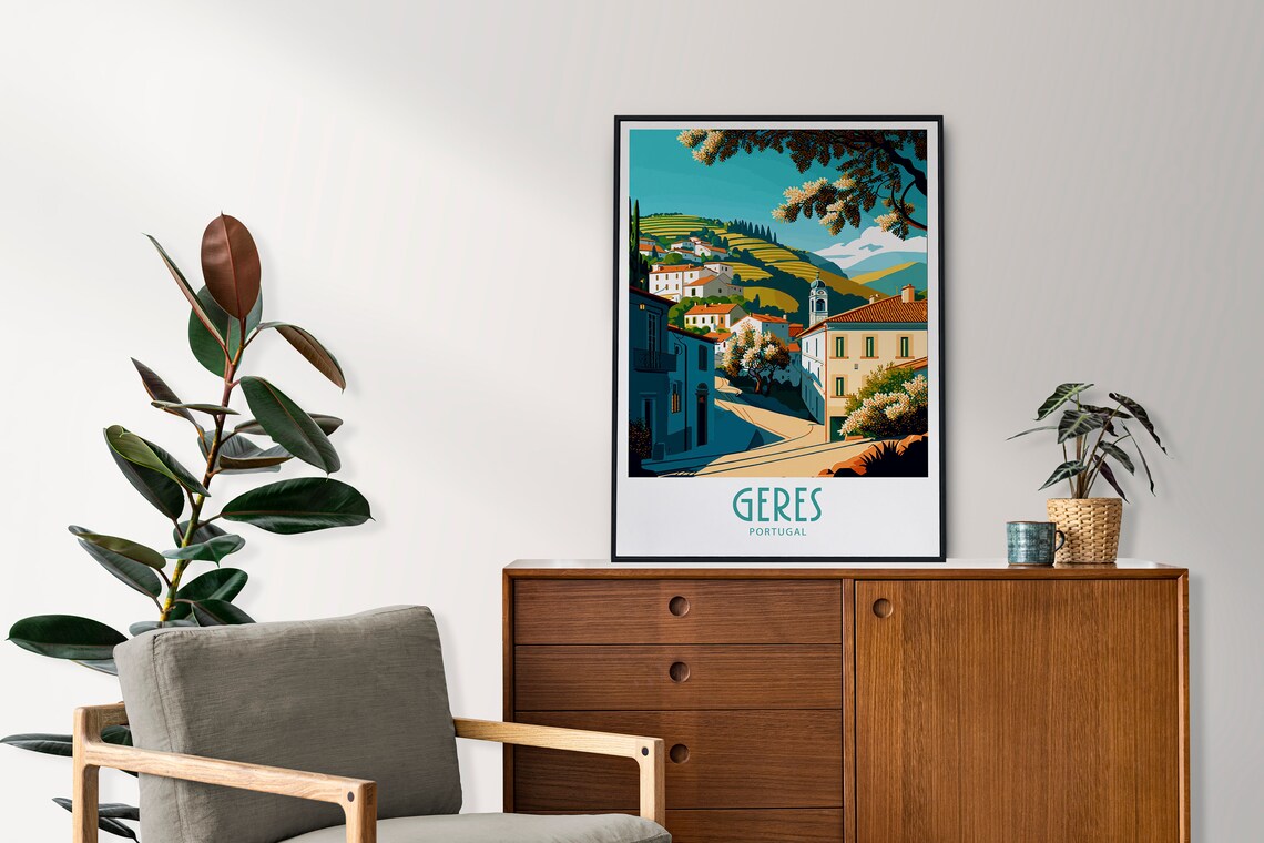 Geres Portugal Blossom Village Rolling Hills Vintage Travel Poster - Image 4