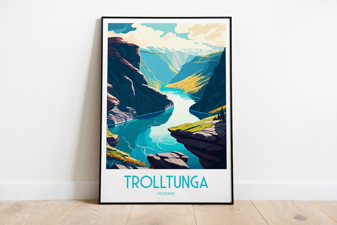 Trolltunga Norway Fjord Valley Cliff View Retro Travel Art Poster