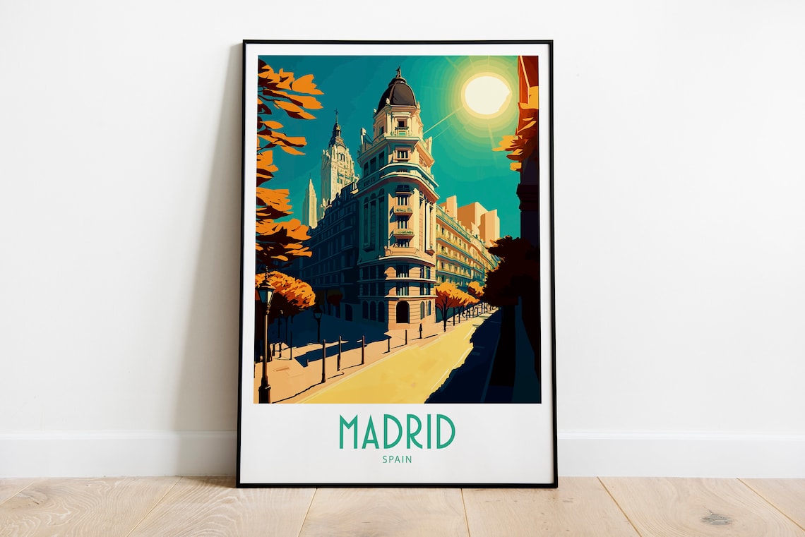 Madrid Spain Sunlit City Avenue Landmark Vintage Travel Poster