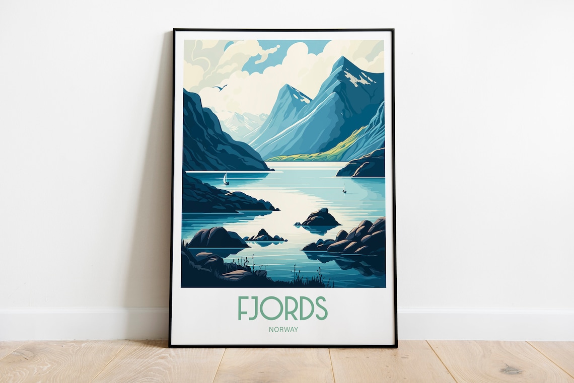 Norwegian Fjords Serene Mountain Waters Retro Travel Art Poster