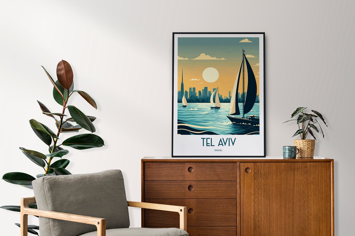 Tel Aviv Israel Sunset Sailboats City Skyline Vintage Travel Poster - Image 2
