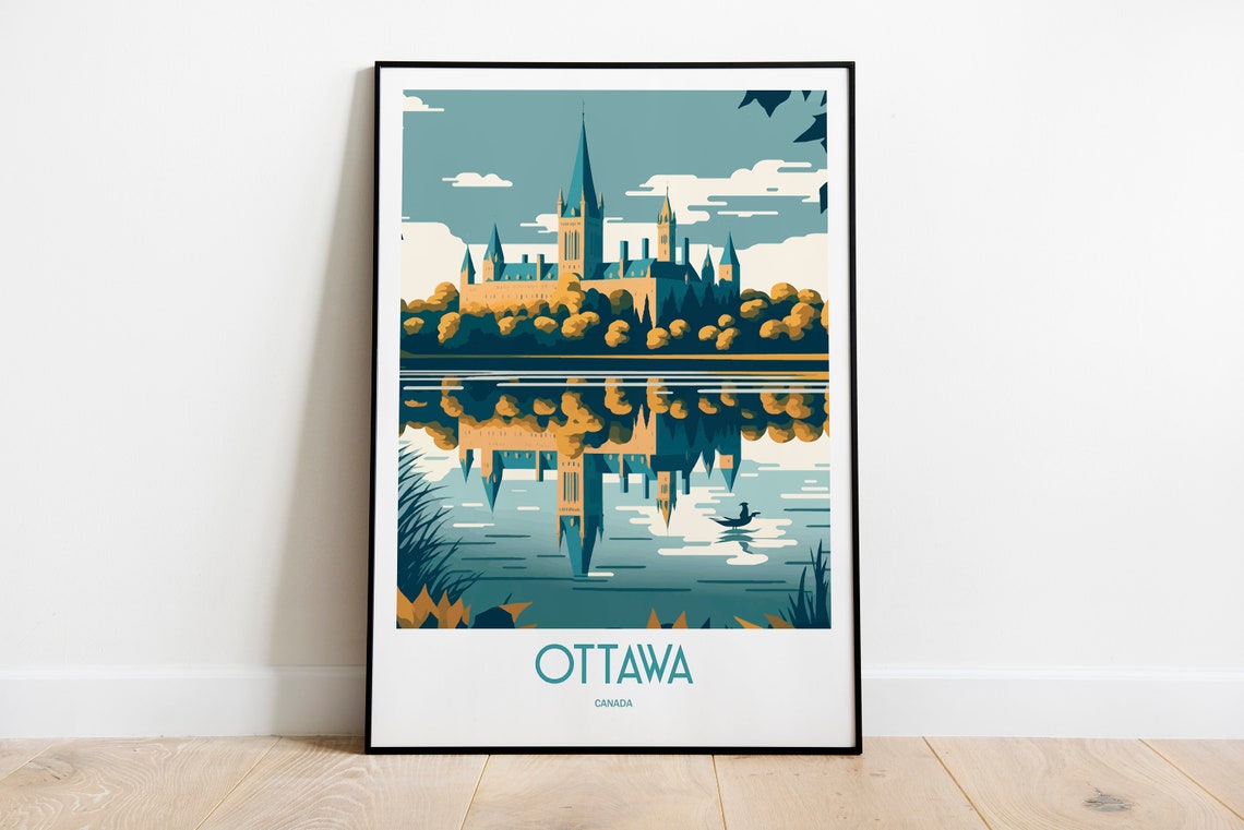 Ottawa Canada Parliament Building Calm River Reflection Travel Poster