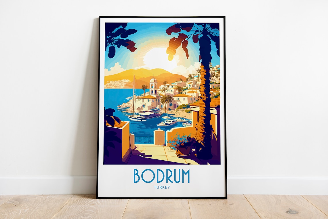 Bodrum Turkey Golden Sunset Harbor Boats Vintage Travel Poster