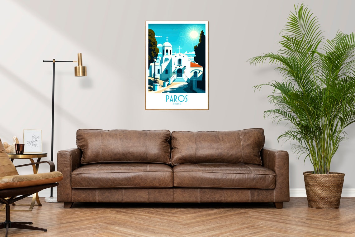Vintage Paros Greece Travel Poster Whitewashed Church Sunshine Art - Image 3