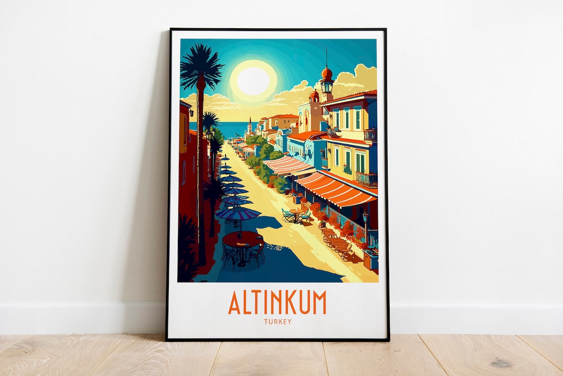 Altinkum Turkey Sunny Seaside Street Cafe Retro Travel Art Poster