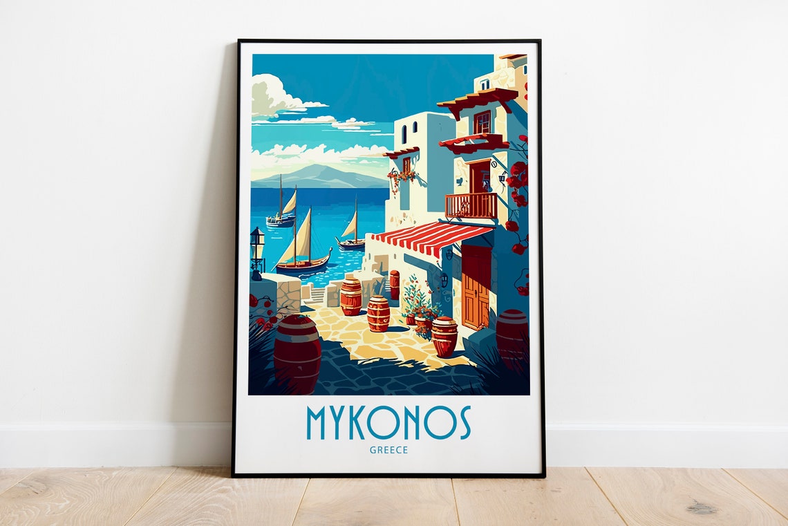 Vintage Mykonos Greece Travel Poster Whitewashed Street Sea Art