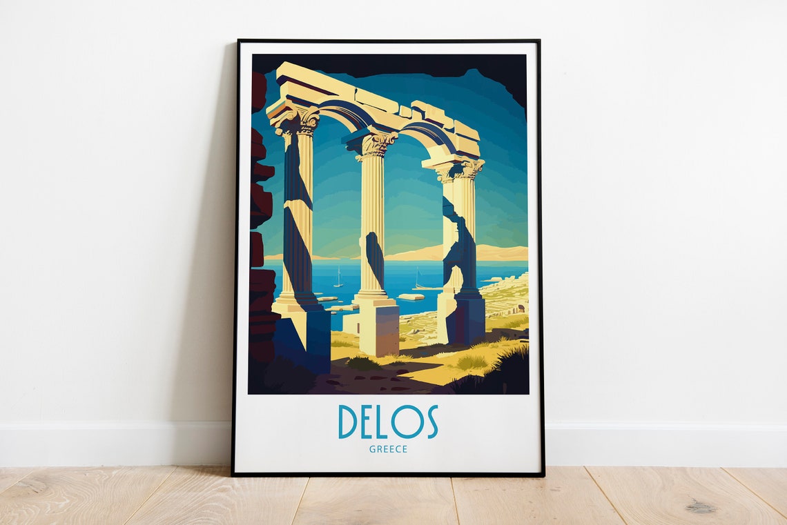 Delos Greece Ancient Columns Aegean Sea Vintage Travel Poster