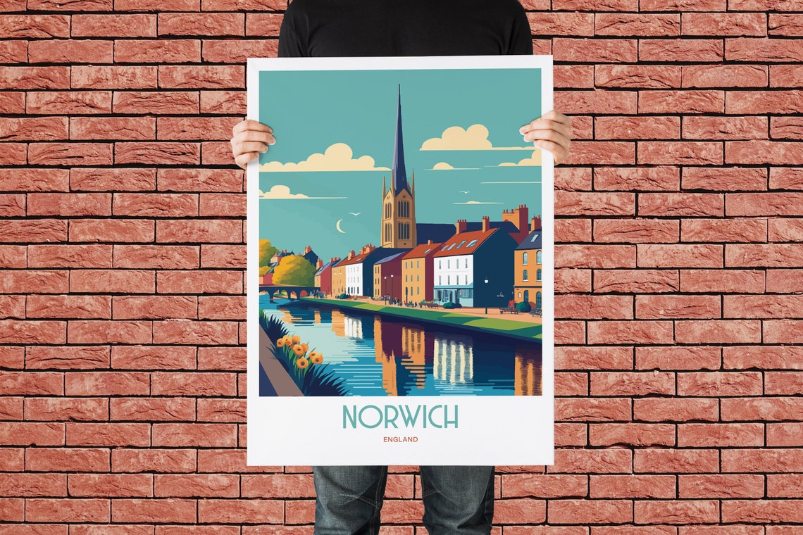 Norwich England Riverside Church Spire Moonlight Travel Poster - Image 2
