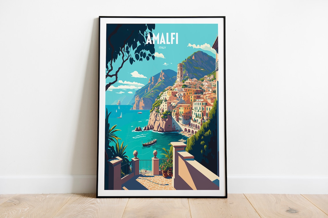 Amalfi Coast Retro Travel Poster, Italy Seaside