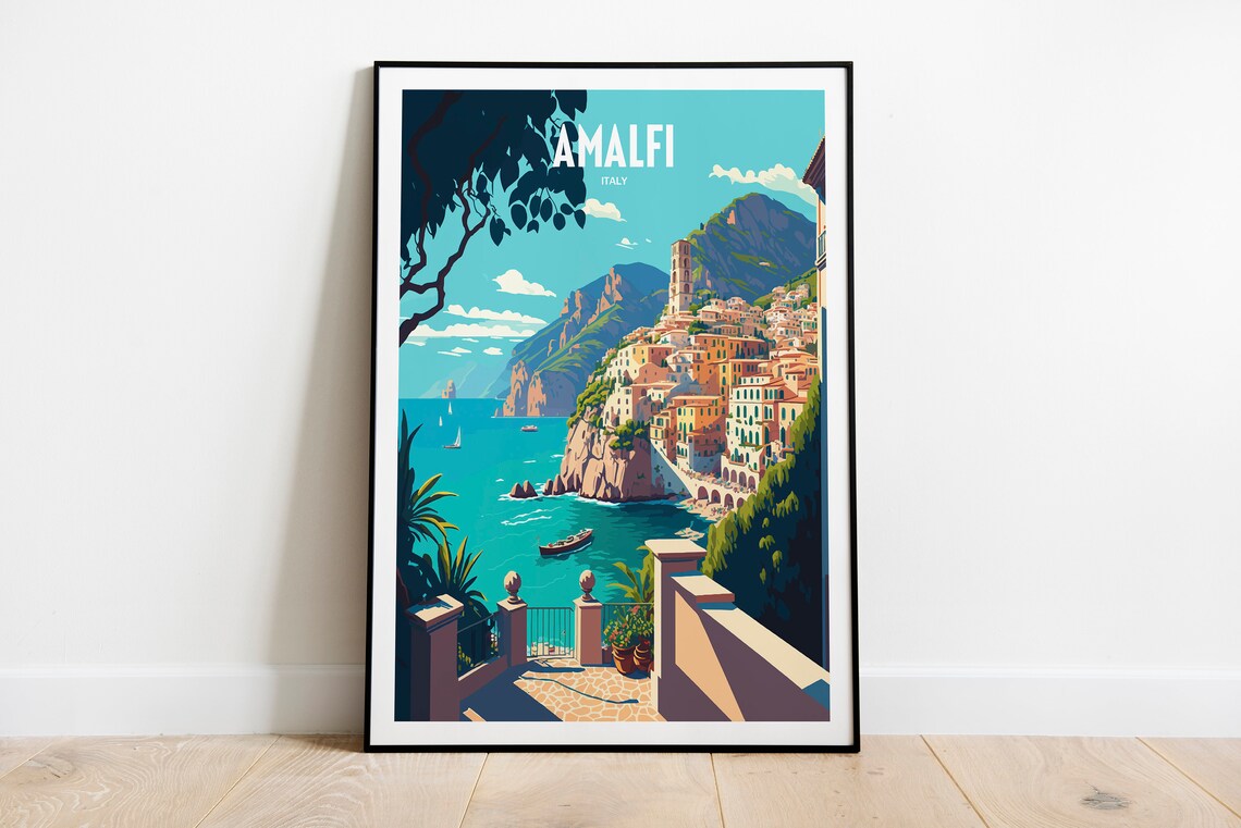 Amalfi Italy Cliffside Coastal Town Cathedral Vintage Travel Poster