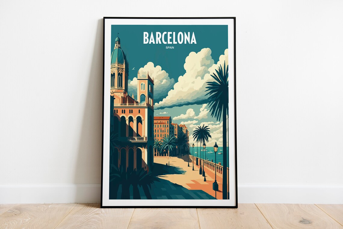 Barcelona Spain Travel Poster, Retro Travel Art