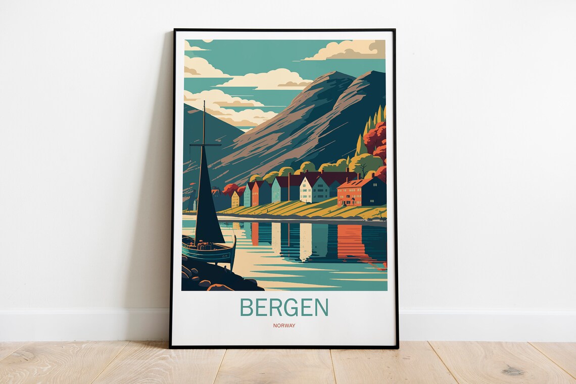 Bergen Norway Harbor Sailboat Hillside Houses Fjord Travel Poster