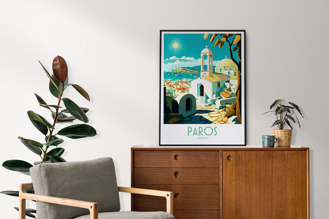 Paros Greece White Church Bell Tower Harbor Retro Travel Poster - Image 3