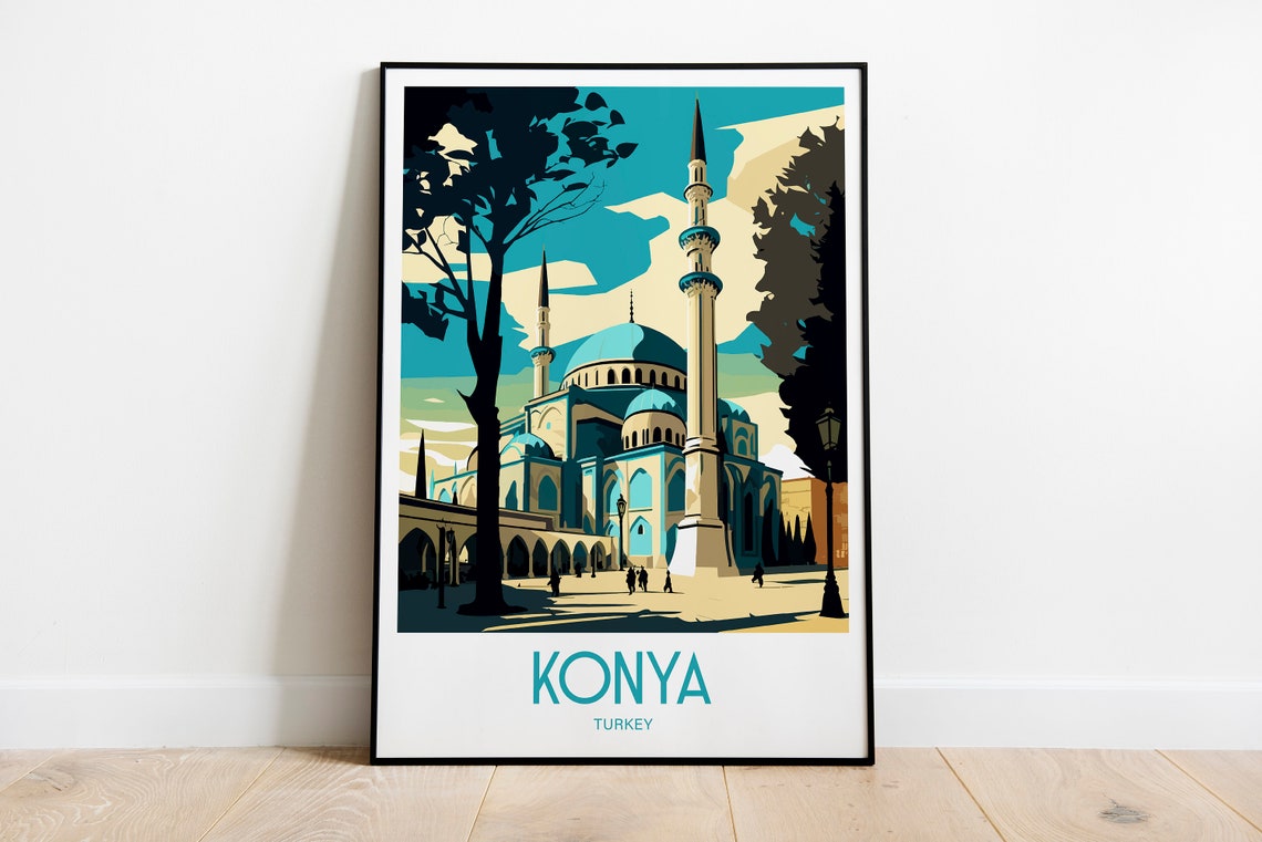 Konya Turkey Mosque Minarets Islamic Architecture Travel Poster