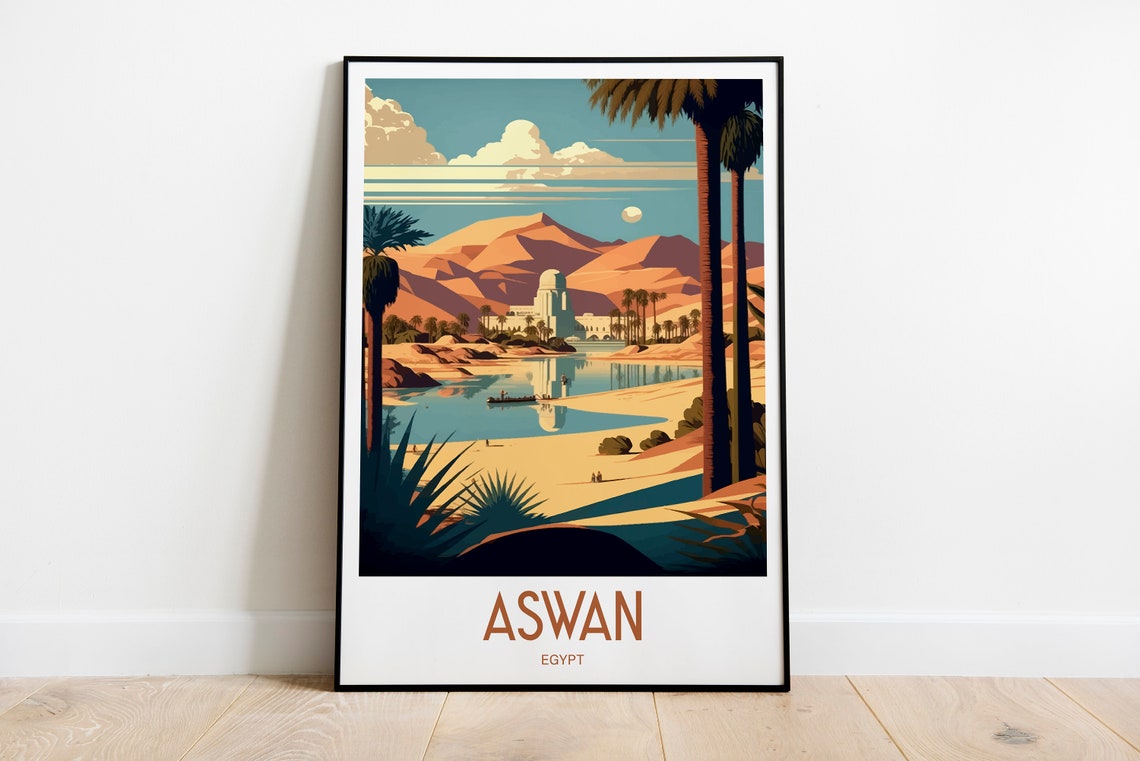 Aswan Egypt Sunny Nile River Palms Desert Vintage Travel Poster